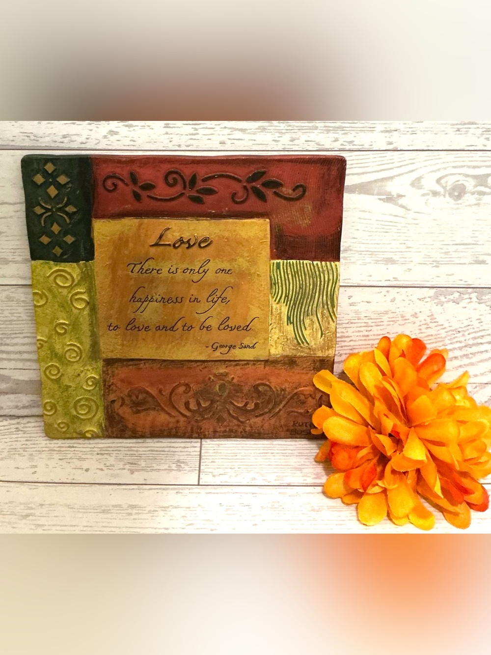 Wall Art Plaque with 'Love' Quote in Gold and Rust Tones